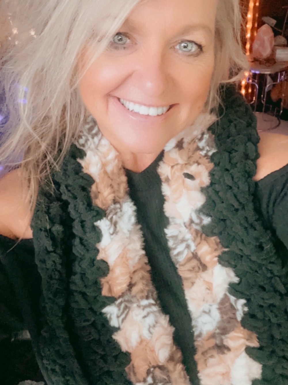 Plush Black Knit Scarf with Brown & Cream Faux Fur Trim